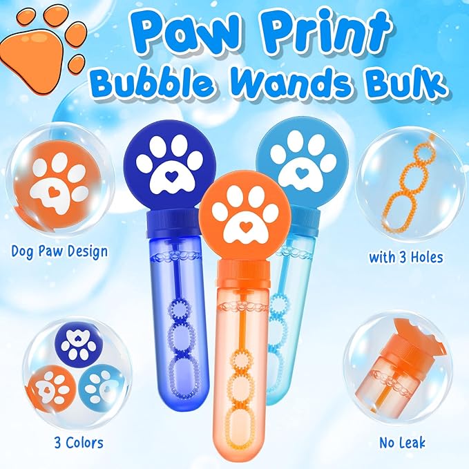 24 Pcs Blue Dog Paw Print Bubble Wands Mini Puppy Bubble Wands Toys for Kids Toddlers Christmas Birthday Gifts Filler Goody Bag Stuffer Dog Party Favors(Dark, Light Blue, Orange, Paw)