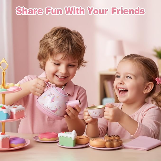 Tea Party Set for Little Girls, 49PCS Princess Tea Time Toys Including Teaset Dessert Carrying Case, Kids Pretend Play Kitchen Toys, Toddler Girl Birthday Gifts for 3-8 Year Old, Dream