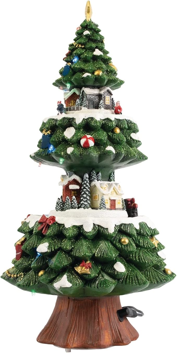 Animated Light Up Christmas Tree | Village House Collection Accessories Figurines for Decorations and Gift | Motion and Sound With Multicolor LED Lights