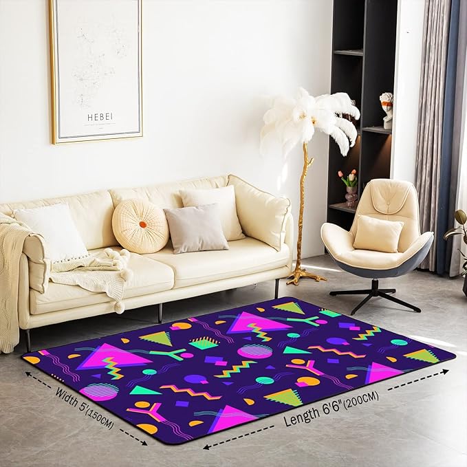 Memphis Area Rug 5x7 Hipster Retro Rug 80s 90s Hip Hop Funky Carpet for Bedside Colorful Pop Art Inspired Watercolor Eighties Memphis Geometrical 80s Non Shedding Decorative Rug