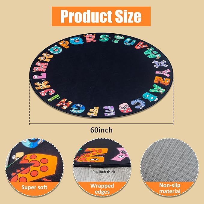 ABC Alphabet Rug for Kids, Classroom Playmat 5ft Non-Slip Circle Rugs for playroom, Round Area Rug for Elementary Classroom, Play Carpet for Boys Girls Bedrooms Playroom,Nursery Rugs-Black