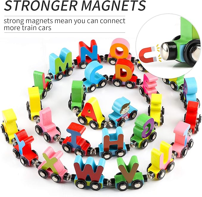 Wondertoys Wooden Alphabet Train Toy 27 PCS Magnetic Alphabet ABC Letter Train Set Includes 42 PCS Flash Cards, 1 Engine and 1 Storage Box for Toddlers Kids Boys and Girls