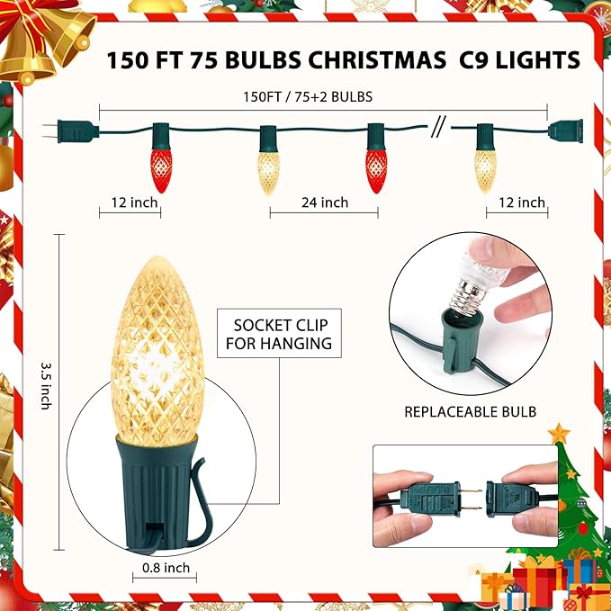 Minetom C9 LED Commercial Outdoor Christmas Lights – 150 FT Red and Warm White Christmas String Lights, Waterproof Connectable UL Certified C9 Lights for Indoor Roofline Xmas Decor