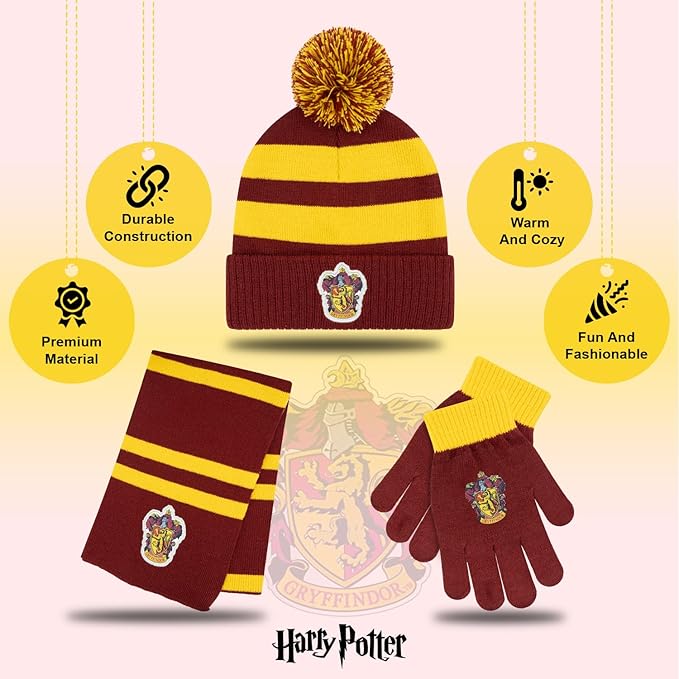 Harry Potter Winter Hat and Gloves with Set, Gryffindor, Slytherin, Hufflepuff, Ravenclaw, Winter Set 5-13 Year Olds