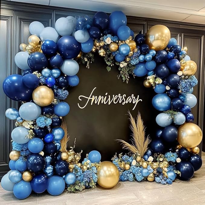 Navy Blue Gold Balloon Arch Kit - Double Stuffed Royal Dusty Blue Gold Balloon Garland Latex Pastel Dark Different Sizes for Graduation Birthday Baby Shower Anniversary Wedding Decor