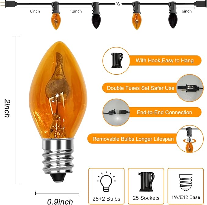 25Ft C7 Halloween Orange Purple String Lights Outdoor, Christmas Decorations Patio Light with 25 Orange/Purple Flickering Flame Lights Waterproof UL Listed for Outdoor Party Garden Bistro Roof Decor