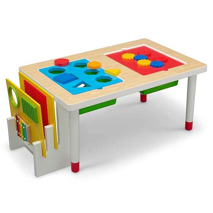 Delta Children Play and Learn Sensory Table for Kids Includes Shape Sorting, Building Block Baseplate, Gears and Musical Instruments - Use as Sand/Activity Table, White/Primary