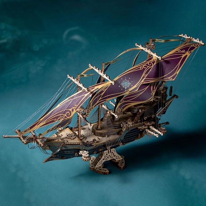 3D Wooden Puzzles for Adults, Pirate Ship Model Kit Brain Teaser Puzzles for Adults, DIY Educational Desk Toys Room Decoration (Purple)