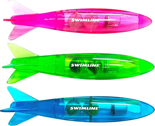 Swimline Original 3-Pack Diving Toys LED Light-Up Glowing Fun Torpedo Turbos Catch The Fish Retrieval Game for Swimming Pool & Bath Tub for Kids Multi Color Flashing Underwater Dive Practice Learn