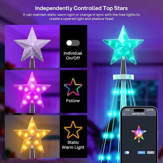 REYLAX 8FT Outdoor Christmas Cone Tree with 340 LEDs, RGB Color Changing Pre-lit Smart Christmas Tree Lights, DIY Lightshow, Music Sync, Outdoor Decoration Lights, App & Remote Control