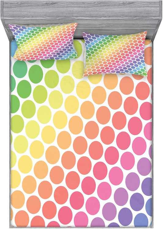 Ambesonne Polka Dots Fitted Sheet & Pillow Sham Set, Polka Dots in Soft Rainbow Colors Big Points Eternal Shapes Retro Pattern, Decorative Printed 3 Piece Bedding Decor Set, King, Pink Yellow