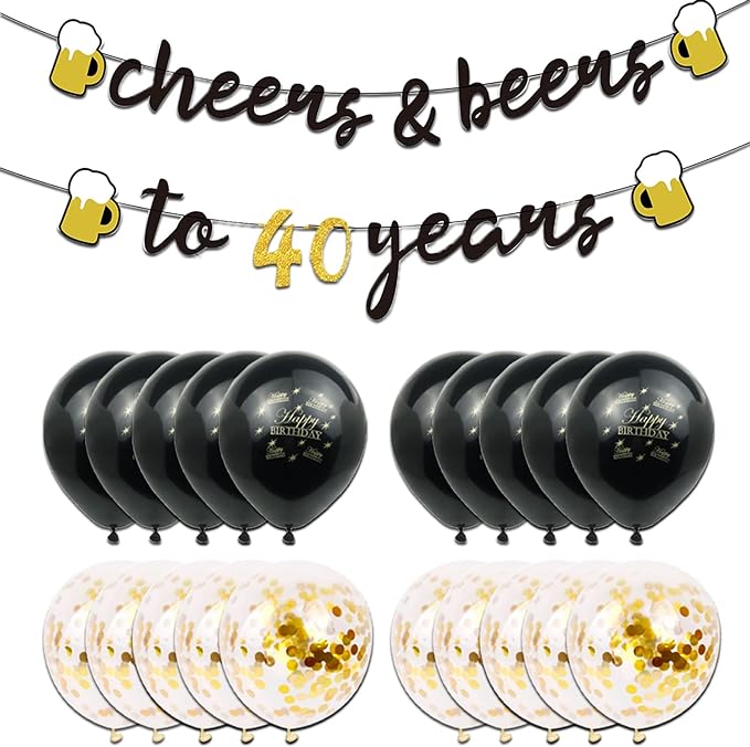 40th Birthday Decorations for Men, 40 Birthday Decorations with 40 Inch Gold 40 Number Balloons, Cheers to 40 Years Banner,Fringe Curtains and Cups Foil Balloons