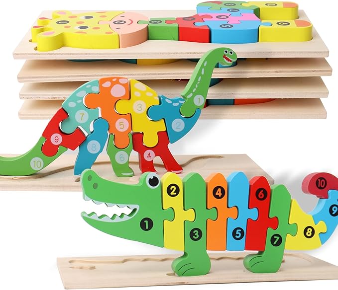 SHIERDU Wooden Puzzles for Kids, Toddler Number Puzzle, Old Wooden Dinosaur Puzzles and Animal Jigsaw Toys for Boy Girl Ideal Gift, 2-6 Years, Pack of 6, 2-1
