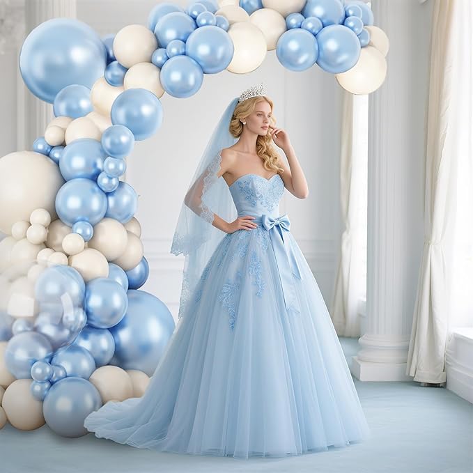 Pearl Blue White Balloon Arch Kit, Double Stuffed Light Blue Sand White Balloon Garland Different Sizes 18/12/10/5 Inch Pearl Balloons for Baby Shower Birthday Wedding Bridal Shower Party Decor