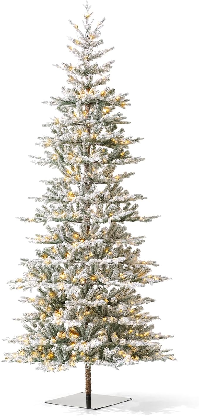 Glitzhome 10ft Prelit Christmas Tree, Artificial Flocked Christmas Tree with 2335 PE&PVC Branch Tips, Deluxe Majestic Frostfall Fir Holiday Tree w/700 Warm White Lights, Three Function, Easy Assembly