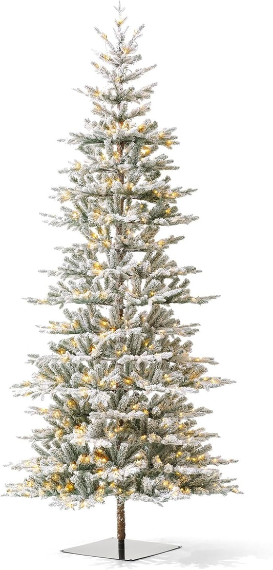 Glitzhome Prelit Christmas Tree, 10ft Artificial Christmas Tree with Easy Assembly Metal Stand, Deluxe Flocked Christmas Tree Majestic Frostfall Fir with 700 Warm White Lights for Holiday Decoration