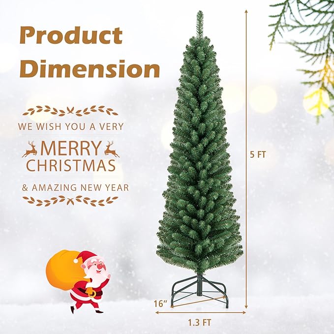 GOFLAME 5FT Pencil Christmas Tree, Slim Artificial Xmas Tree with 295 Memory Wire Branch Tips & Upgraded Metal Stand, Seasonal Holiday Decoration Tree for Home Office Party