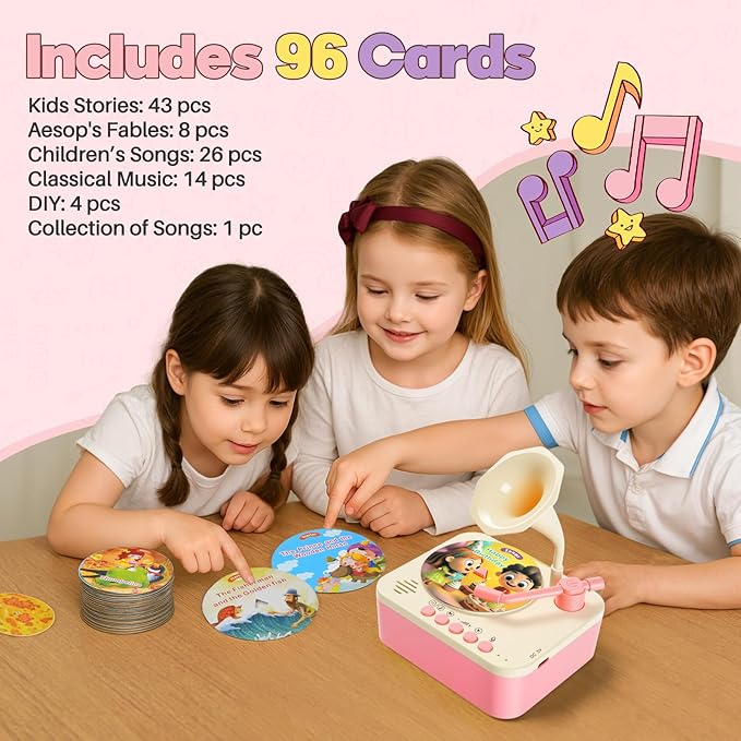Kids Phonograph Toddler Record Player， with 96 Learning Cards, Early Education Machine Record Player Music Box Storyteller pop Speakers, Gift for Boys and Girls