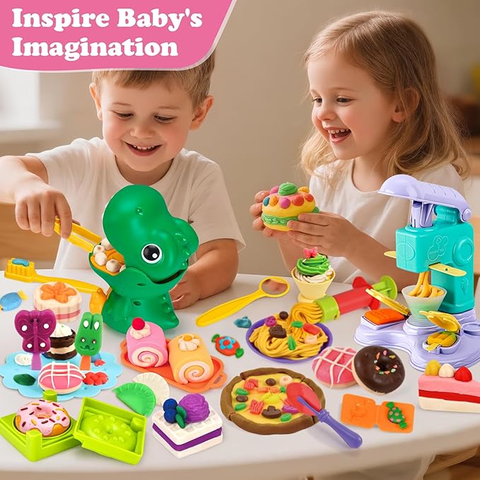 93 PCS 4 in 1 Dough Sets for Kids Ages 3-4-8, Art Crafts Dough Tools Kit, Dinosaur Dentist Playset, Ice Cream, Mooncake Maker Machine, Dessert Rack, Kitchen Creations Food Play Toys Boys Girls