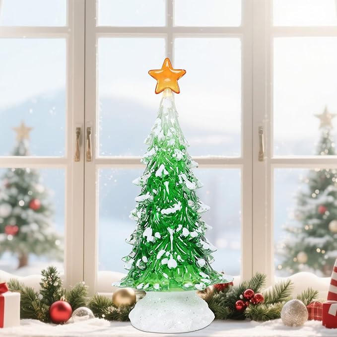 Acrylic Christmas Tree Table Decor, 12" Lighted up Christmas Tree Figurine, Battery Operated Home Decorations Gift for Indoor Holiday Party Mantel Fireplace Centerpiece Decor, Green
