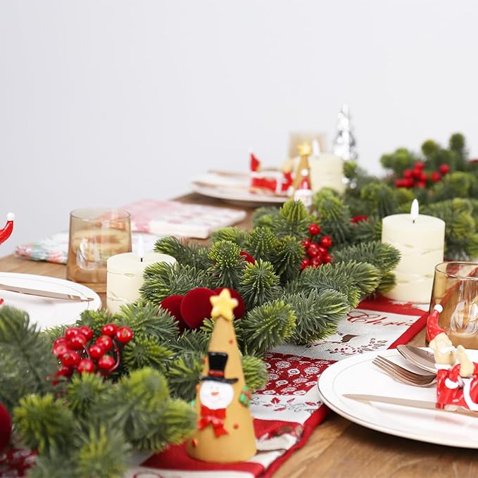 SY Super Bang 6FT Christmas Garland, Artificial Green Garland Christmas Decorations with Velvet Ball Red Berry Exquisite Ornaments, for Indoor Outdoor Home Table Fireplace Xmas Party Holiday Decor.