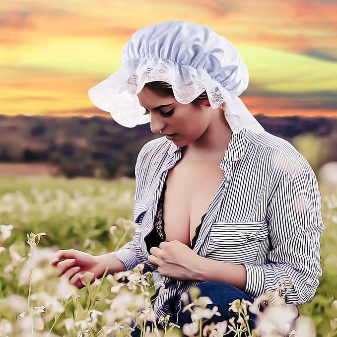 White Mob Cap Costume Pioneer Bonnet Women's Colonial Bonnet Lace Frilly Grandma Night Hat Accessories