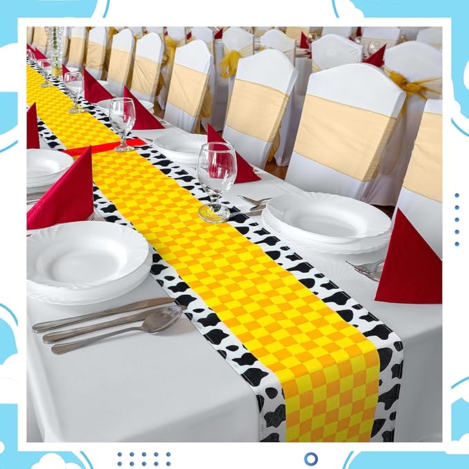 6 Pcs Cartoon Table Runner Cartoon Birthday Party Supplies Cow Pattern Printed Check Table Decor Tablecloth Party Supplies,13 x 72 in (Classic)
