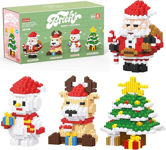 Christmas Building Blocks Set 4 in 1 Compatible with Lego Christmas Micro Blocks Stacking New Toys Holiday Present Box New Year Birthday Gifts for Kids 7 8 9 10 11 12 Years Old (4IN 1)
