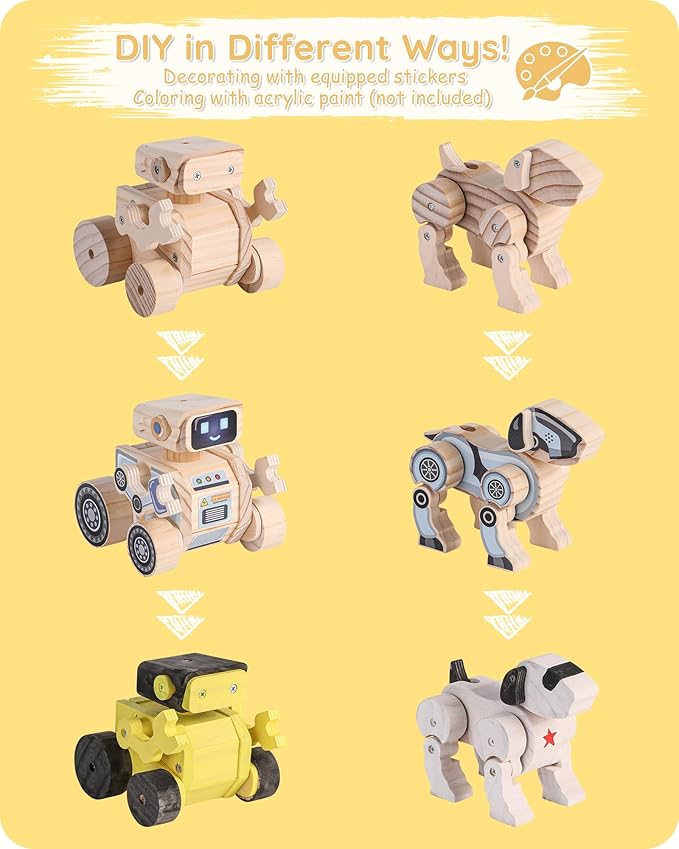 SainSmart Jr. 2-in-1 STEM Kits, Wooden Robot Assembly Toy Set, Woodworking Crafts Projects for Kids, Gift for Boys and Girls