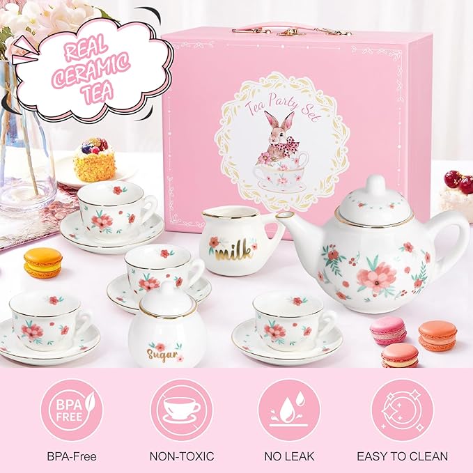 Porcelain Tea Set for Girls, Tea Party Set for Little Girls, Kids Tea Set Kitchen Pretend Play, Princess Tea Time Playset with Teapot Cups Carry Case, Toddler Girl Toys Birthday Gifts Age 3+