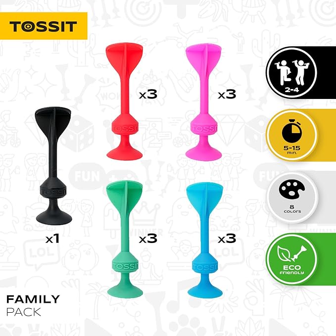 TOSSIT Game Suction Cup Darts, Toss Game Perfect Family and Party, Silicone Throwing Game for Backyard, Indoor and Outdoor Fun, Family Pack, Red Cyan Pink Light Blue