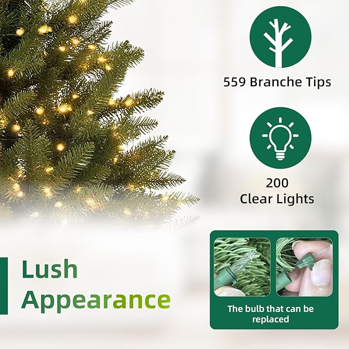 4FT Pre-Lit Artificial Christmas Tree,Small Artificial Holiday Dunhill Fir Xmas Tree with 200 White Lights, 559 PVC Branch Tips & Foldable Metal Stand for School,Home and Party Décor