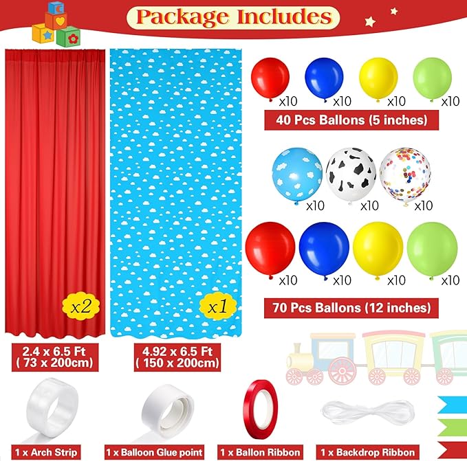 116 Pcs Boy Story Baby Shower Decorations Kit Cartoon Backdrop Includes Blue Sky White Clouds Backdrop Panels Chiffon Background Curtain Balloons for Boys Girls Birthday Party