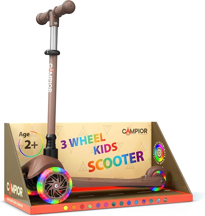 Brown Mini 3 Wheel Scooter for Kids – Lean-to-Steer with LED Light-Up Wheels, Adjustable Handlebar, Wide Anti-Slip Deck, Smooth PU Wheels, Rear Foot Brake – Toddler Scooter for Ages 2+