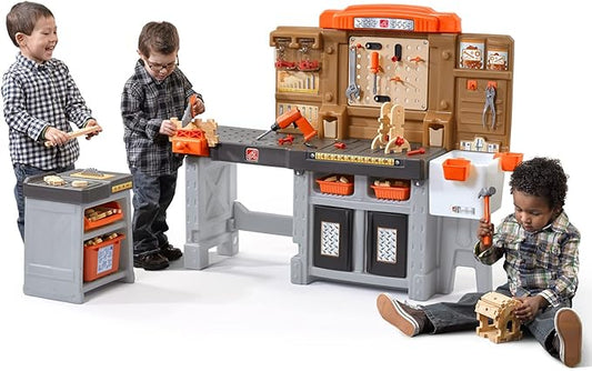 Step2 Pro Play Kids Workshop with Utility Bench, Indoor/Outdoor Tool Bench for Children, Interactive Play with Sounds, Made of Durable Plastic, Includes 76 Piece Toy Accessories, Toddlers 3+ Years Old
