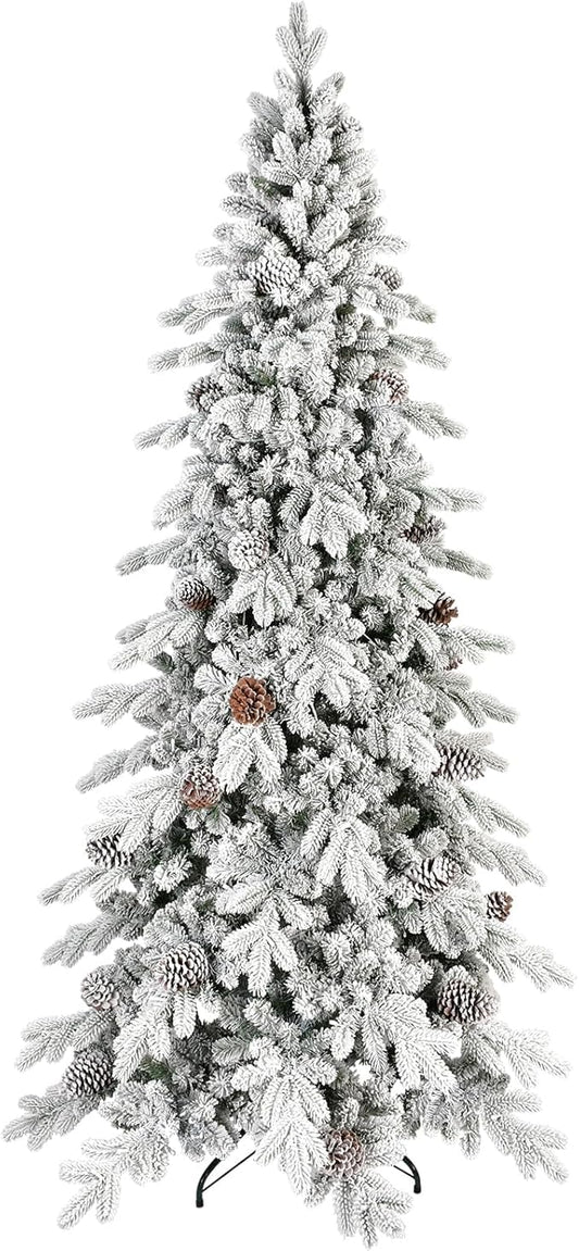 7.5 FT Snow Flocked Slim Fir Christmas Tree with 1424 PE & PVC Mixed Branch Tips,Unlit Artificial Skinny Pencil Xmas Tree with 40 Pine Cones,Hinged Premium Xmas Trees for Home,Office,Party Decoration