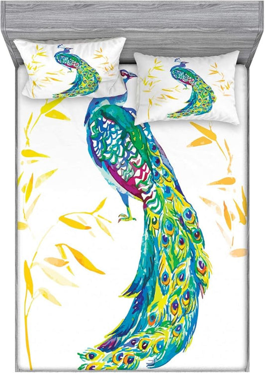 Ambesonne Peacock Fitted Sheet & Pillow Sham Set, Digital Watercolor Paint Creature Female Animal Large Tail Eyespots Image, Decorative Printed 3 Piece Bedding Decor Set, Queen, Orange Teal Yellow