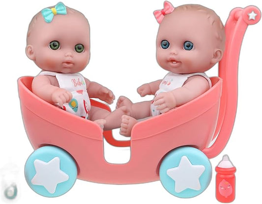 Lil Cutesies TWIN 8.5" All Vinyl Dolls and Stroller Set | Posable and Washable | Removable Outfits |Twin Stroller and Accessory | JC Toys | Ages 2+ , Green