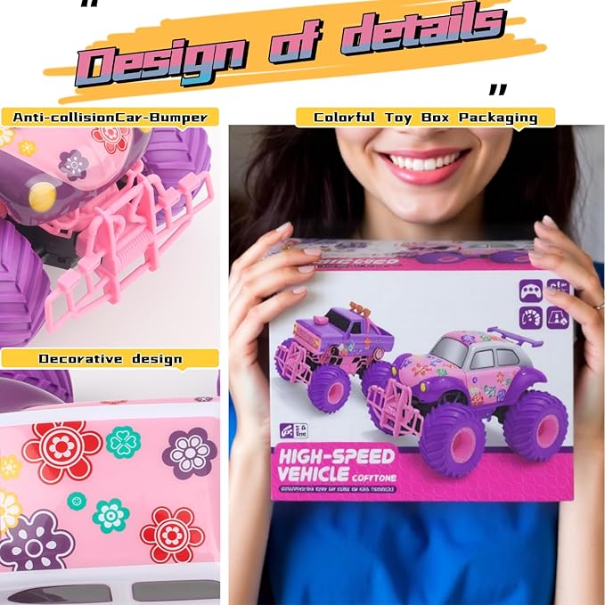 1:16 Scale RC Cars - All-Terrain Off-Road Monster Car & Beetle Bug Car, 2.4GHz Remote Control Toys for Girls Ages 6-12 (Pink/Purple) | Box Included