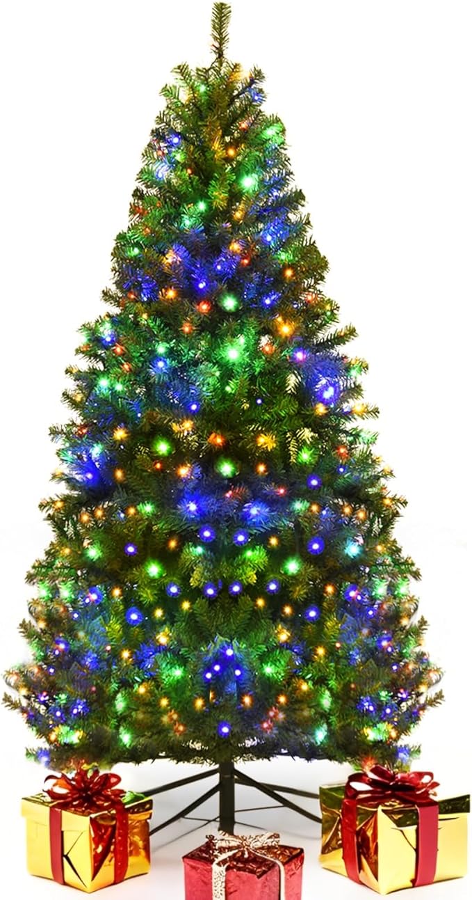 COSTWAY 4 FT Pre-lit Christmas Tree, Artificial Xmas Tree with 100 Warm White & Multicolored Lights, 11 Modes, 300 Branch Tips, Metal Support, Holiday Decoration Fake Tree for Home, Office, Party