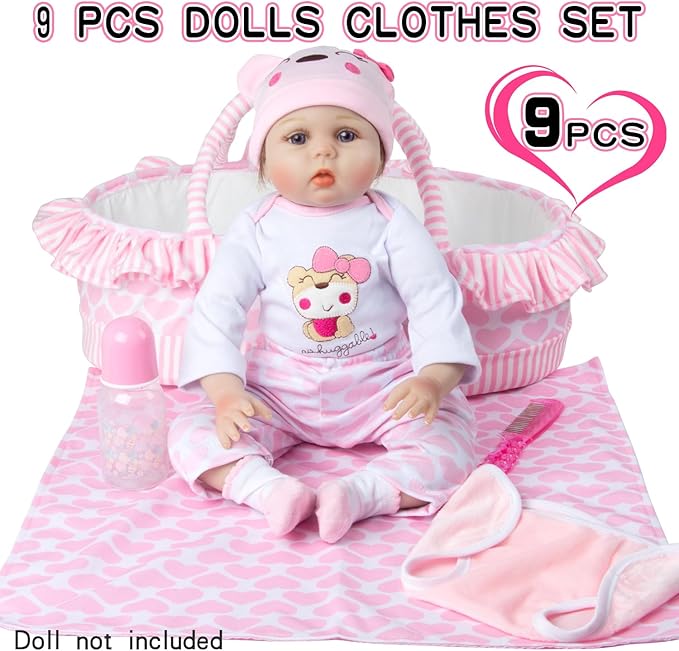 9 PCS Reborn Baby Doll Clothes Set with Pink Bassinet Accessories for 18-22 Inch Reborn Dolls,Newborn Baby Doll Clothes & Blanket