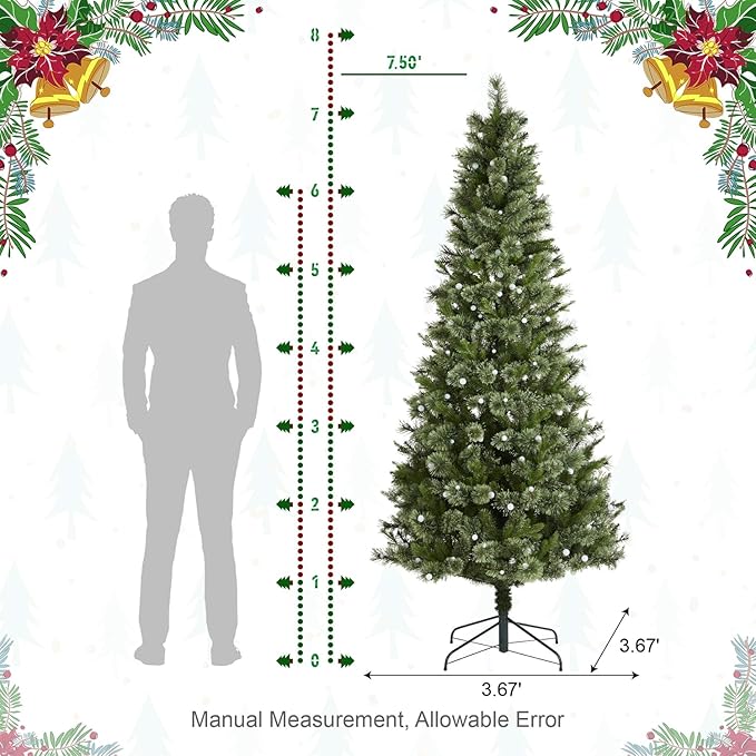 Glitzhome Prelit Christmas Tree, 7.5ft Artificial Green Christmas Tree Charming Cashmere Slim Pine with 350 Warm White and Multi-Color Globe LED Lights, 9 Function w/Foot Pedal and Remote Control