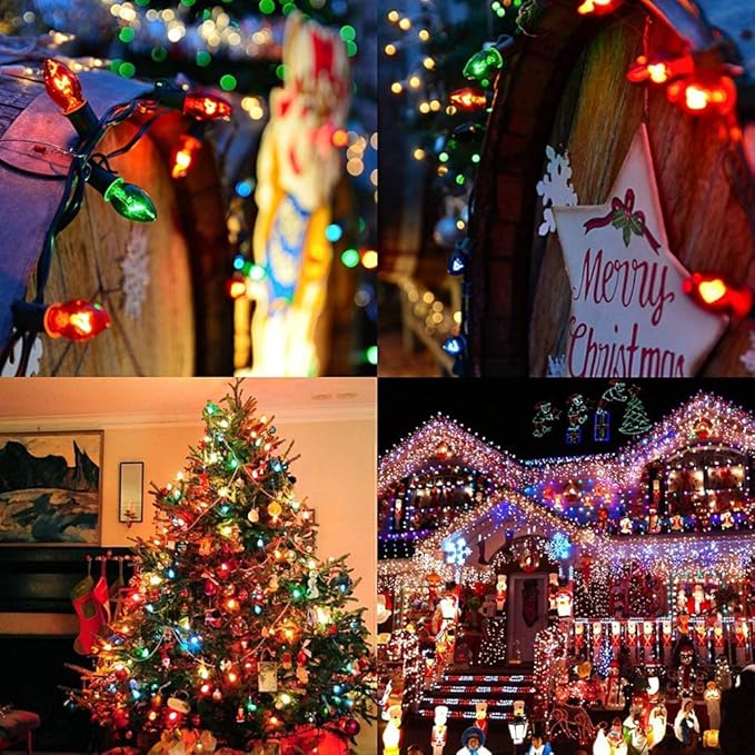 C7 Outdoor Christmas Light, 25Ft Vintage Christmas String Lights with 27 Clear Colorful Bulbs (2 Spare), Vintage Outdoor String Lights for Christmas Holiday Prom Roofline Party Wedding Decor-Green