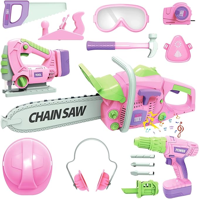 Kids Construction Tool Set for 3 4 5 6 7 Year Old Boys Girl,Pink Preschool Pretend Play Tool,Pretend Play Tools Set Toddler Toys,with Electric Drill Chainsaw、Electric Drill,Toy Tools Gifts for Kids
