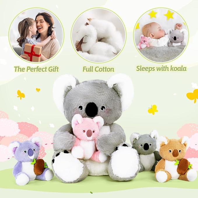 OUOZZZ Koala Stuffed Animal with Babies Inside - 12" Plush Toy with 4 Baby Koalas - Gift Present Toys for Girls & Boys