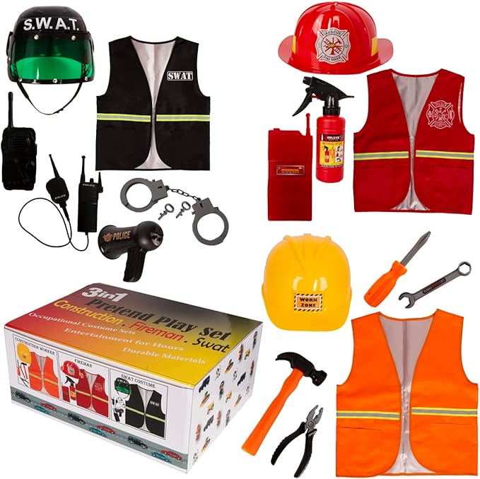 Tigerdoe Construction Costume for Kids - Construction Hat and Costume Vest - Dress Up Accessories for Children (3 Costume Sets - Construction, Swat and Fireman Costume)