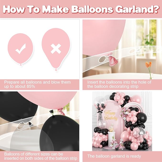 Pearl Pink and Black Balloon Arch Kit, Double Stuffed Pink Black Balloons Garland 18/12/10/5 Inch Pearl Balloons for Baby Shower Birthday Wedding Bridal Shower Party Decor