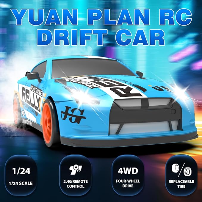 Remote Control Car RC Drift Car 2.4GHz 1:24 Scale 4WD 15KM/H High Speed, Rechargeable High Speed RC Cars with Cool Lights, Two Batteries and Extra Tires Toys for Kids