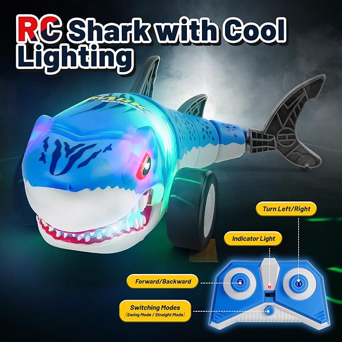 Shark Remote Control Car for Kids,2.4Ghz Electric RC Shark Toys with Glowing Light and Flexible Tail,Rechargeable Robot Shark Toys with Swing and Straight Mode, Hobby RC Car for Boys Girls