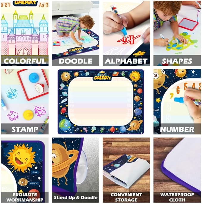 Jasonwell Aqua Water Doodle Mat 48 x 36 Inches Large Magic Drawing Doodling Mat Coloring Mat Educational Toys Christmas Birthday Gifts for Kids Toddler Boys Girls Age 2 3 4 5 6 7 8 Year Old (Galaxy)